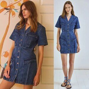 NWT Hunter Bell Gwen Harbor Denim V-Neckline Snap Pockets Minidress Blue Size: 0